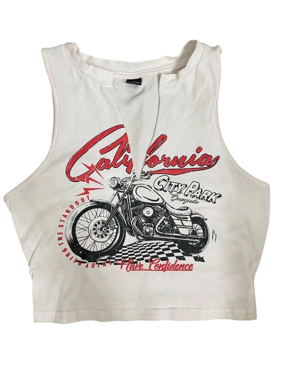 White California Biker Motorcycle Graphic Split V-Neck Crop Tank Top Size S